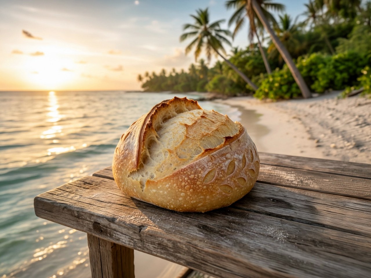 Freshly baked artisan scored sourdough loaf on a Thursday Island beach at sunset